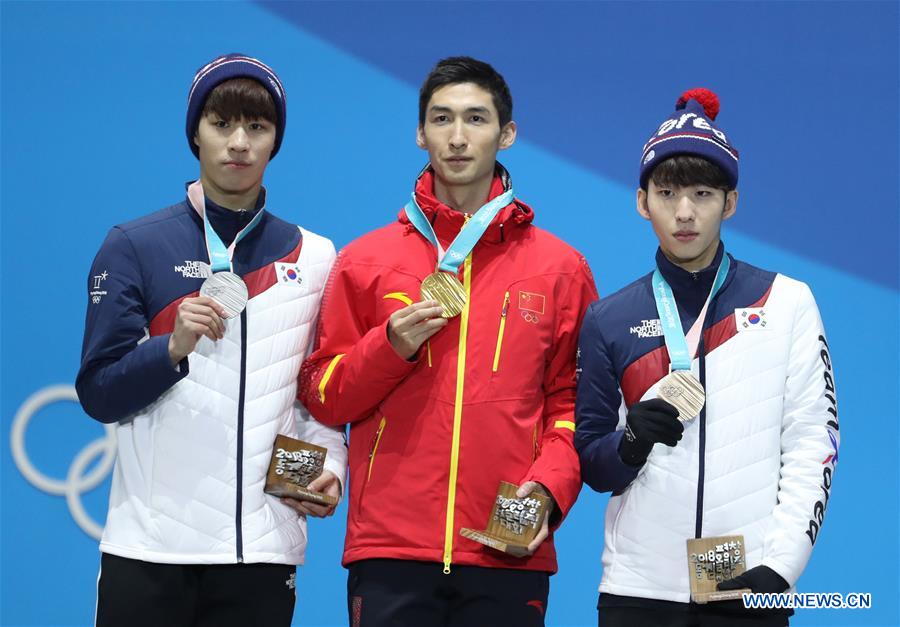 (SP)OLY-SOUTH KOREA-PYEONGCHANG-SHORT TRACK-MEN'S 500M-MEDAL CEREMONY