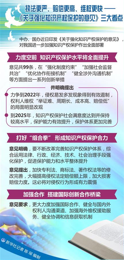 （圖表）[新華調(diào)查]執(zhí)法更嚴(yán)、賠償更高、維權(quán)更快——《關(guān)于強(qiáng)化知識產(chǎn)權(quán)保護(hù)的意見》三大看點(diǎn)